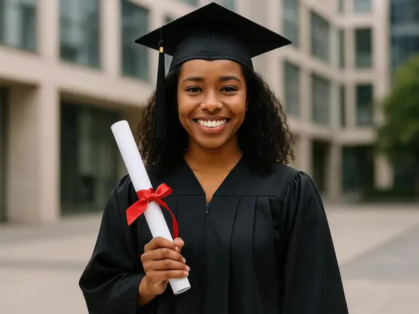 Young African woman graduate holding her diploma
